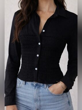 Veronica Beard Black Smocked Button-Front Shirt